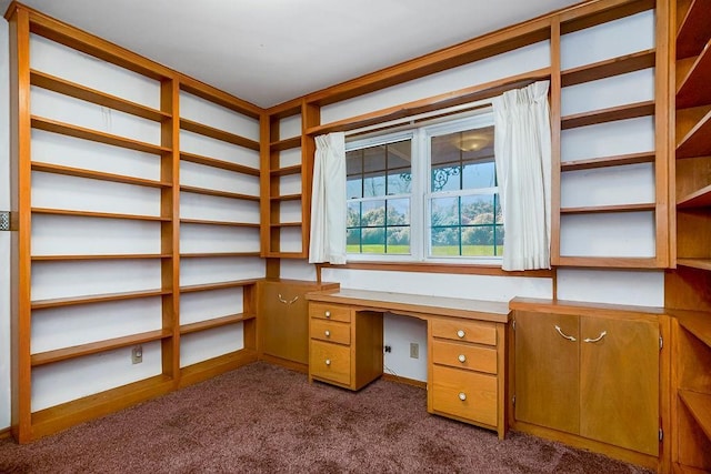 unfurnished office featuring built in desk and light carpet