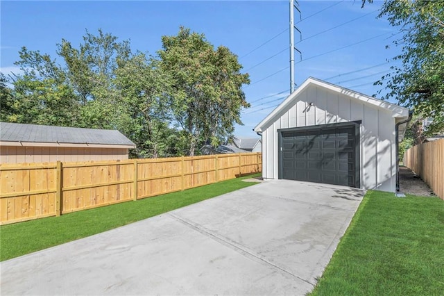 garage with a lawn