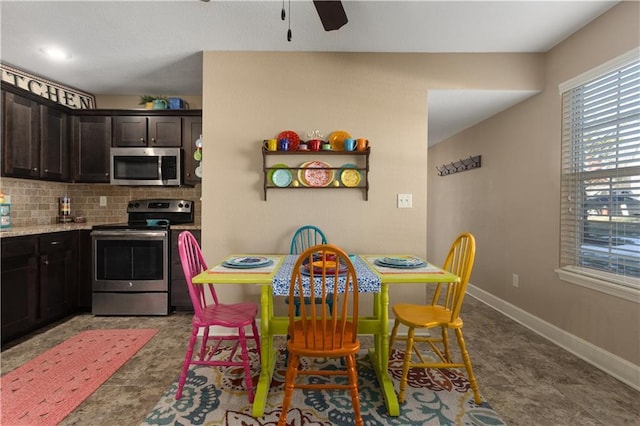 kitchen with tasteful backsplash, dark brown cabinets, stainless steel appliances, and ceiling fan