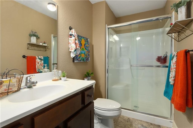 bathroom with vanity, an enclosed shower, and toilet