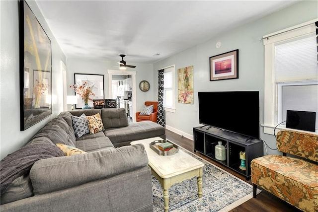 living room featuring ceiling fan and dark hardwood / wood-style flooring