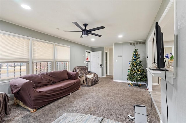 6133 Swope Pkwy, Kansas City, MO 64132 - carpeted living room with ceiling fan