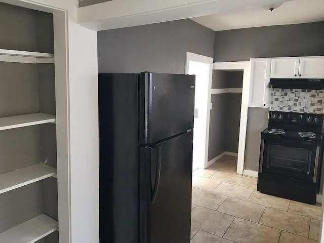 kitchen featuring white cabinetry, backsplash, black appliances, and light tile patterned flooring