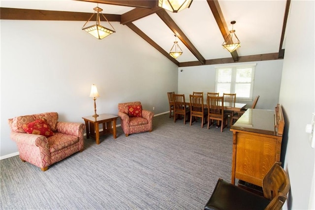 sitting room featuring beamed ceiling, carpet flooring, and high vaulted ceiling