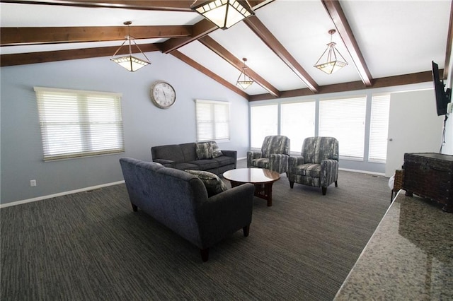 living room with dark carpet, lofted ceiling with beams, and baseboards