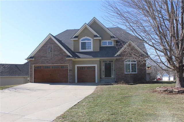 view of front of house featuring stucco siding, a front lawn, concrete driveway, a garage, and brick siding