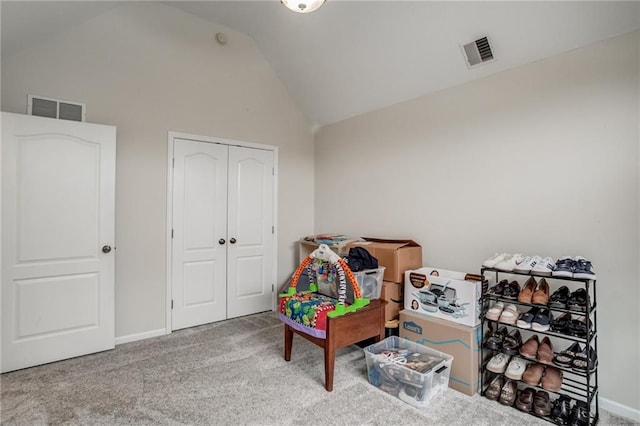 game room featuring vaulted ceiling, baseboards, visible vents, and carpet floors