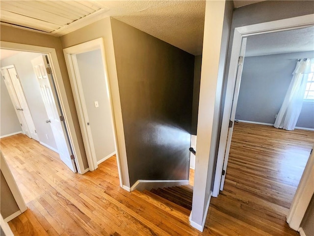 hallway with a textured ceiling and light hardwood / wood-style flooring