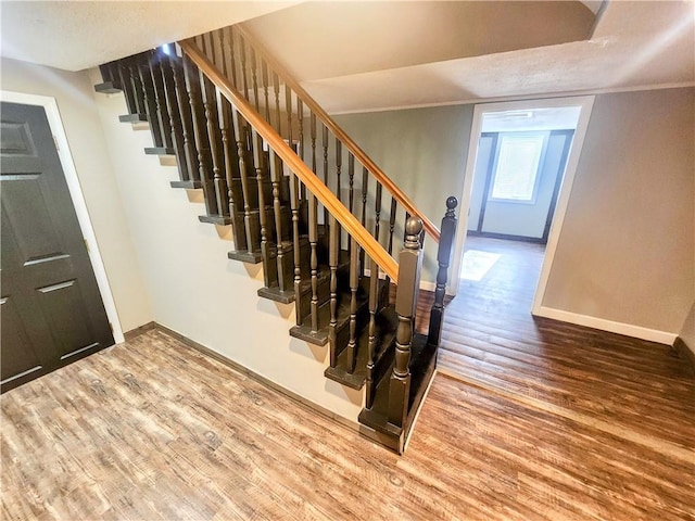 stairs featuring hardwood / wood-style flooring