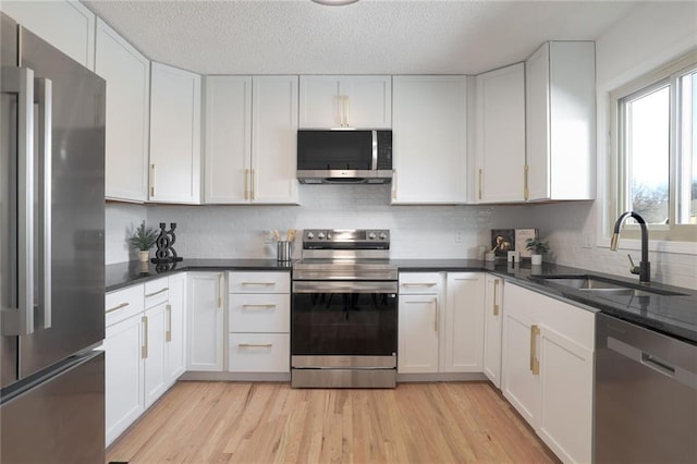 kitchen with stainless steel appliances, sink, and white cabinets