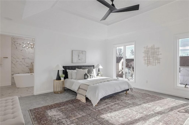 bedroom with crown molding, a raised ceiling, ceiling fan, and carpet