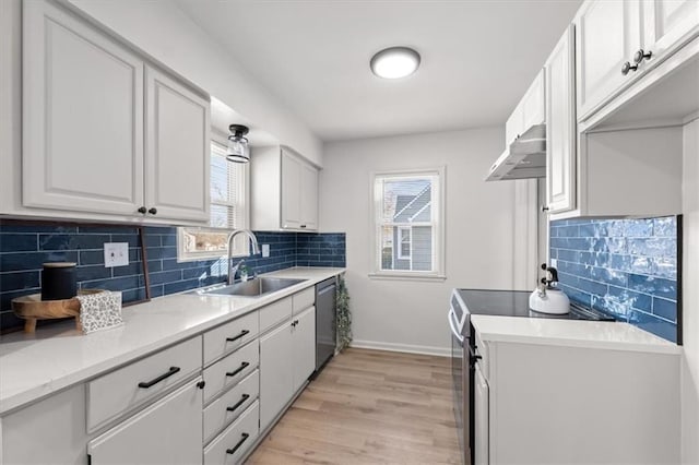 kitchen with sink, light wood-type flooring, appliances with stainless steel finishes, white cabinets, and backsplash