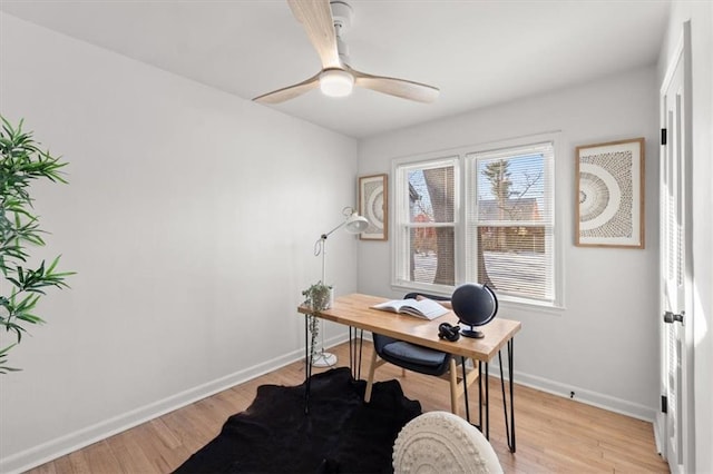 office area with ceiling fan and light hardwood / wood-style flooring