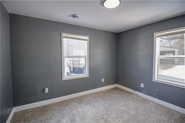 empty room featuring a wealth of natural light, a textured ceiling, and carpet flooring