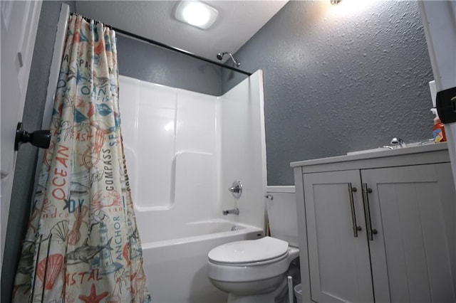 full bathroom with shower / bathtub combination with curtain, vanity, and toilet