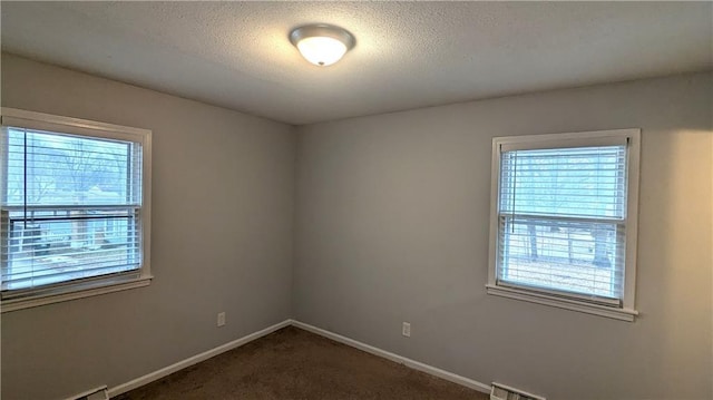 empty room featuring dark carpet, plenty of natural light, and a textured ceiling