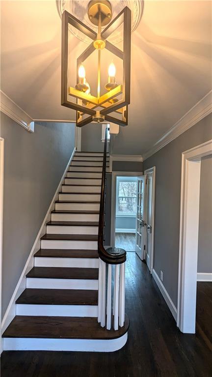 staircase with crown molding and hardwood / wood-style flooring