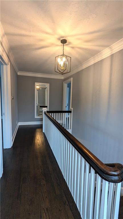 hall with ornamental molding, a chandelier, and dark hardwood / wood-style flooring