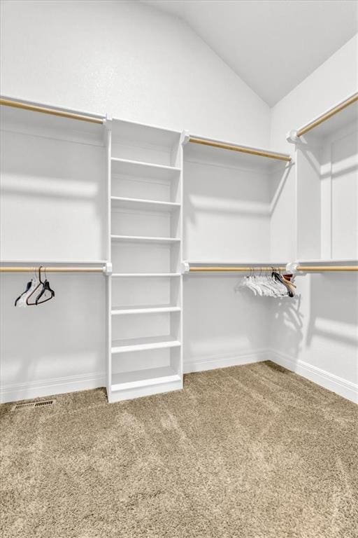 spacious closet with lofted ceiling and carpet