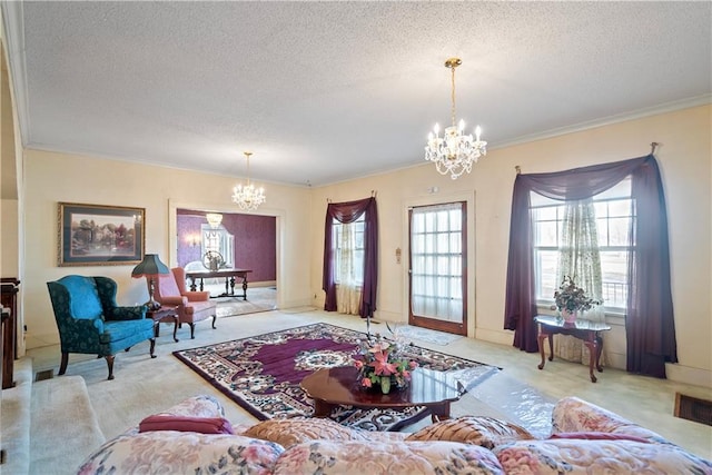 living room featuring a notable chandelier, light colored carpet, and a textured ceiling