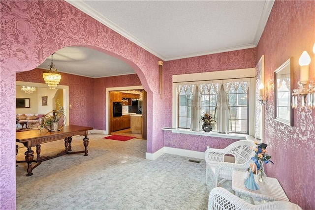 interior space with ornamental molding, arched walkways, baseboards, and wallpapered walls