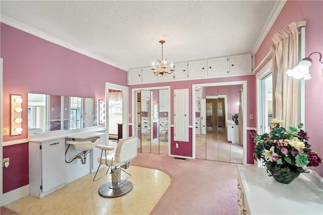 interior space featuring french doors, crown molding, light colored carpet, a textured ceiling, and a chandelier