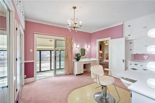 interior space with a textured ceiling, a notable chandelier, light colored carpet, access to outside, and ornamental molding