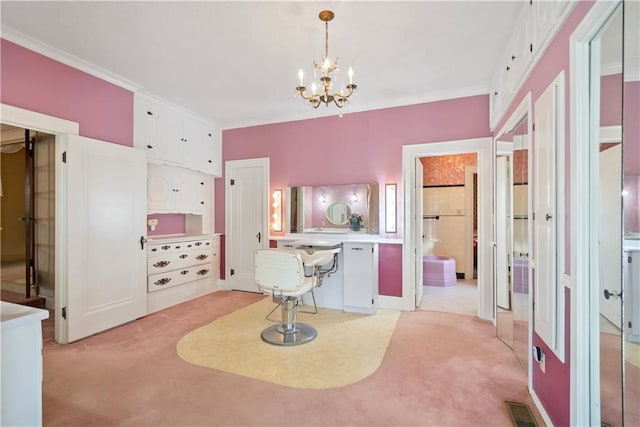 bedroom with light carpet, ornamental molding, visible vents, and an inviting chandelier