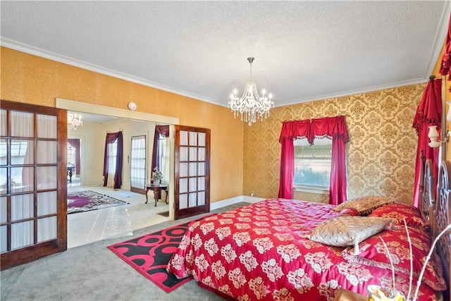 bedroom featuring french doors, an inviting chandelier, ornamental molding, carpet flooring, and wallpapered walls