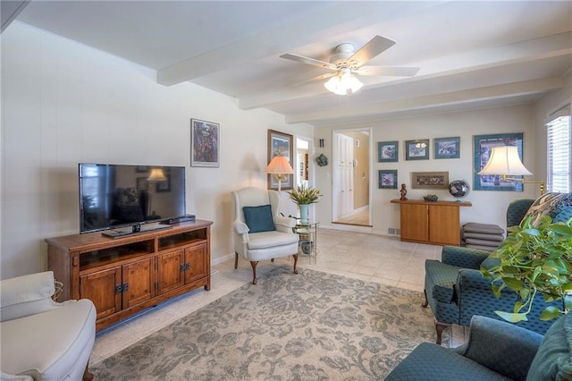 living room featuring a ceiling fan, beam ceiling, baseboards, and light tile patterned floors