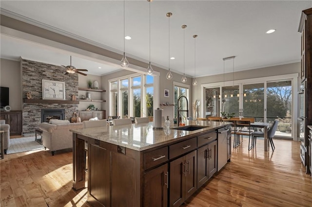 kitchen with a wealth of natural light, a fireplace, a sink, and wood finished floors