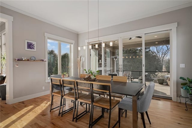 dining space featuring baseboards, crown molding, and light wood finished floors