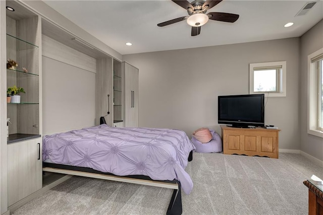 bedroom featuring recessed lighting, carpet floors, a ceiling fan, baseboards, and visible vents