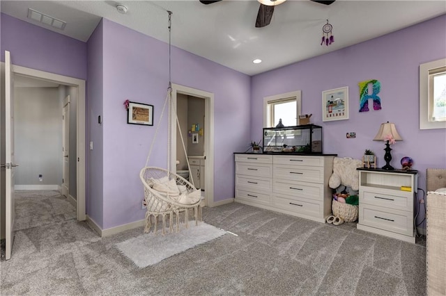 bedroom featuring carpet, visible vents, baseboards, and recessed lighting