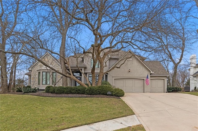 view of front facade featuring driveway, stone siding, an attached garage, a front lawn, and stucco siding