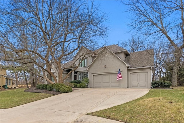 view of front facade featuring a garage, driveway, a shingled roof, a front lawn, and stucco siding