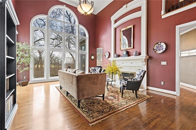 living area featuring plenty of natural light, a fireplace, a towering ceiling, and wood finished floors