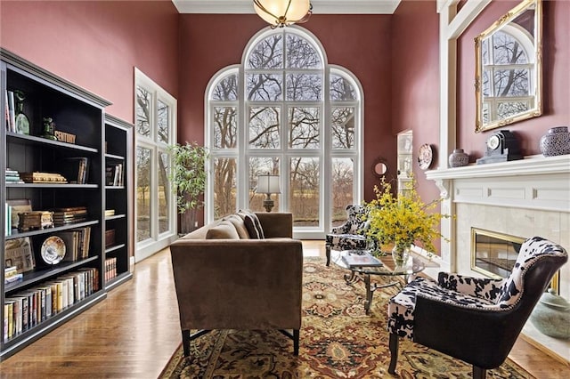 living area with a fireplace and wood finished floors