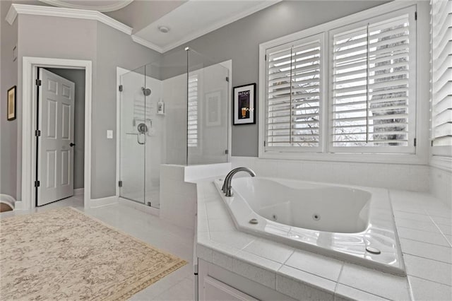 full bath featuring vaulted ceiling, a shower stall, tile patterned floors, a tub with jets, and crown molding