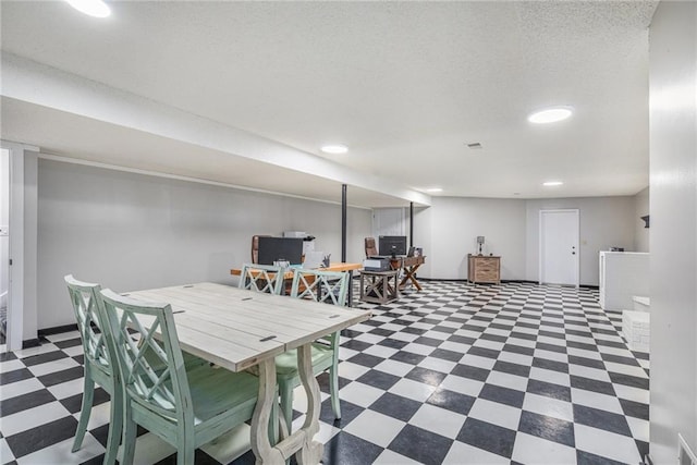 dining space featuring baseboards, visible vents, tile patterned floors, a textured ceiling, and recessed lighting