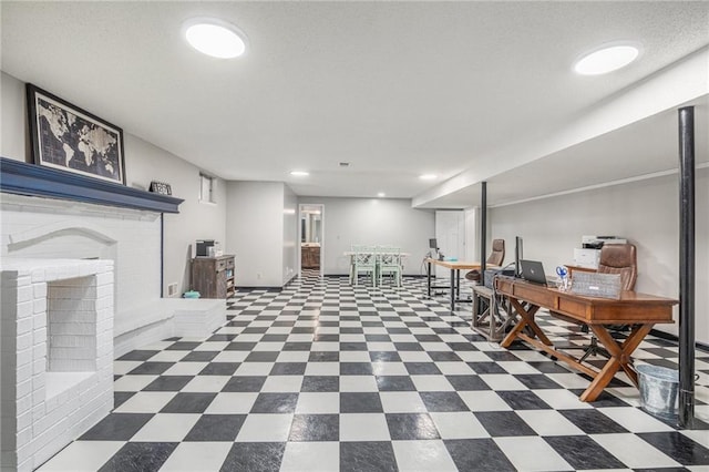 office with recessed lighting, a fireplace, and tile patterned floors