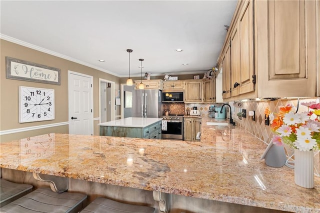 kitchen with sink, appliances with stainless steel finishes, ornamental molding, kitchen peninsula, and light brown cabinets