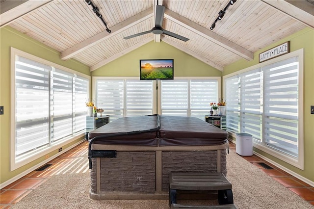 tiled office featuring vaulted ceiling with beams, ceiling fan, wooden ceiling, visible vents, and rail lighting