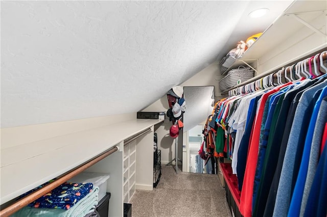 spacious closet with vaulted ceiling and light carpet