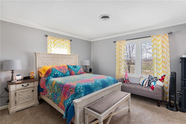 bedroom featuring crown molding and carpet floors