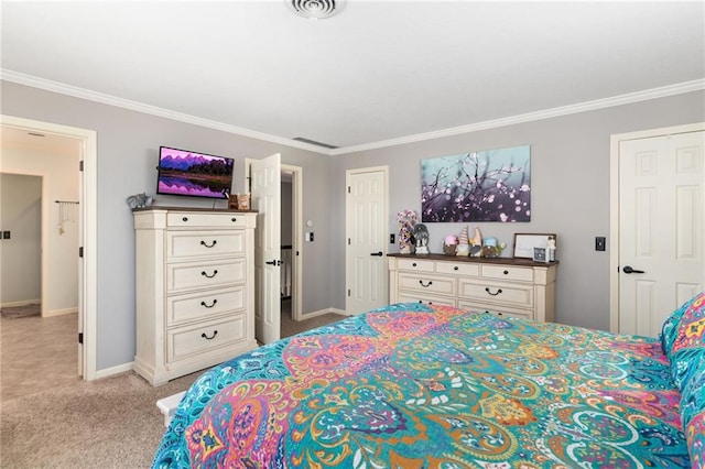 bedroom featuring baseboards, carpet flooring, visible vents, and crown molding