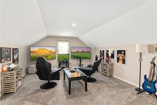 interior space featuring carpet, vaulted ceiling, a textured ceiling, and baseboards