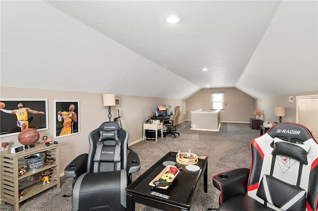 interior space with carpet floors, baseboards, vaulted ceiling, and recessed lighting