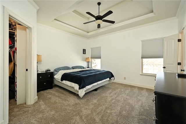 carpeted bedroom featuring a walk in closet, a raised ceiling, crown molding, and baseboards