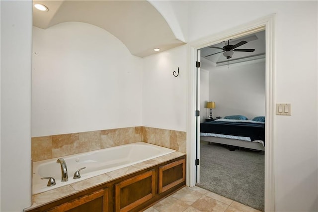 ensuite bathroom featuring tile patterned floors, ceiling fan, recessed lighting, ensuite bathroom, and a bath